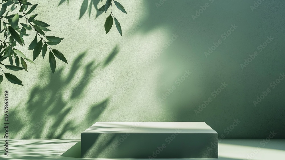Poster a product display stand rests in a softly lit area, surrounded by gentle shadows of leaves