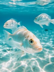 Naklejka premium Shoal of Graceful Tropical Fish Gliding Through Pristine Underwater Seascape with Vibrant Colors and Serene Tranquility