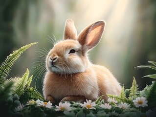 Serene watercolor study of a peaceful rabbit resting in a sunlit forest clearing its soft fur gleaming ears perked alert sitting amongst verdant ferns and wildflowers