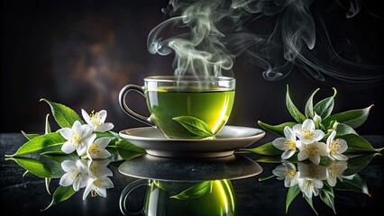 Long exposure captures vibrant jasmine and hot tea's flowing essence, mirrored on a dark, reflective plane.