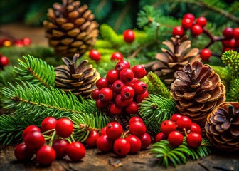 Fototapeta premium Autumnal Still Life: Pine Cones, Red Berries & Lush Green Foliage