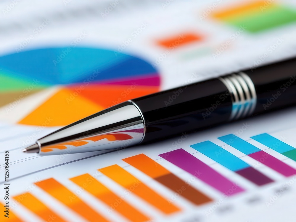 Poster dynamic business analysis colorful pie charts and bar graphs on a financial report office setting ma
