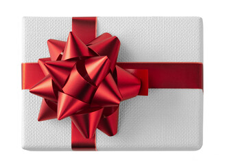 top view White gift box with red decorative bow