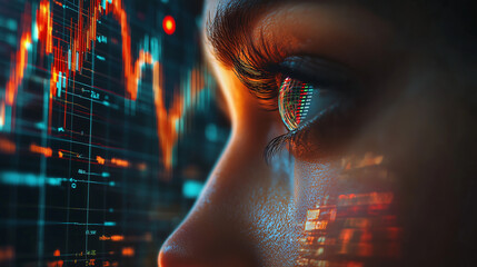 Close Up of Woman Eye Reflecting Stock Market Charts Finance Investment Concept