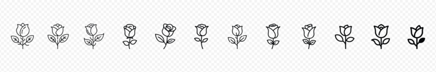 Rose line icon, Roses flat black icon set. Flowers silhouette icons, Set of roses silhouettes. Rose icon