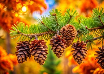 Obraz premium Autumn Cones Hanging on Pine Tree Branch, High Depth of Field, Nature Stock Photo