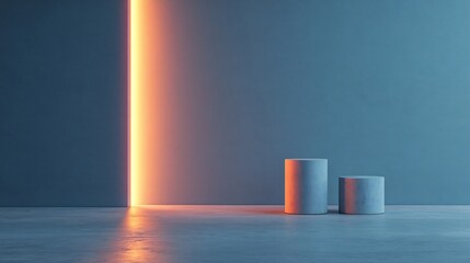 Cool toned minimalist scene bright orange light illuminates white cylindrical platforms. AI Generated