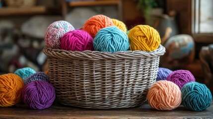 A basket filled with colorful balls of yarn and crochet resting on a rustic wooden surface, surrounded by crochet projects in progress Warm, inviting scene captures essence of handmade craftsmanship
