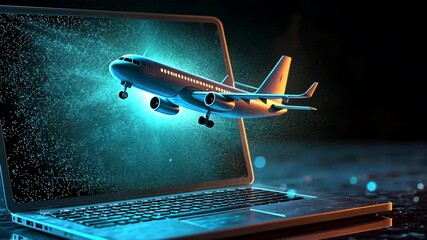 A digital illustration featuring a laptop from which a glowing airplane emerges, symbolizing technology's role in air travel and connectivity. - Powered by Adobe