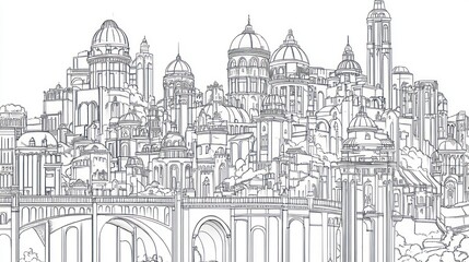 Cityscape line art, bridges, domes, buildings, illustration, architecture, design