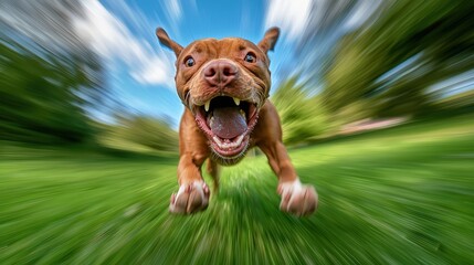 Blurry dog running full speed on grass, symbolizing energy and playful motion. Ideal for active lifestyle promotions and pet related content, capturing pure joy.
