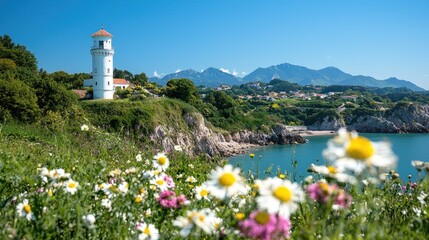Coastal Lighthouse, Sunny Day, Mountain View, Wildflowers