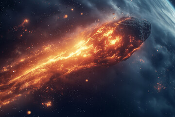 Fiery meteor burning as it enters Earth's atmosphere.