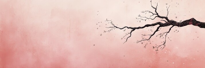 Delicate Bare Branch on a Pastel Peach Watercolor Background, Minimalist Design Element