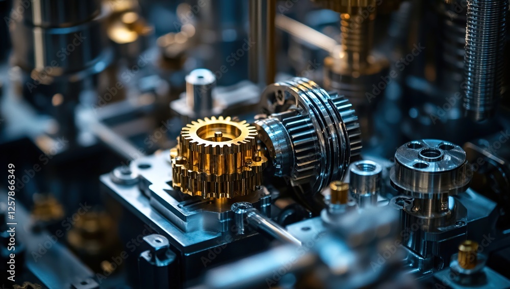Poster precision gears interlock: intricate machine components working harmoniously in complex mechanism, d