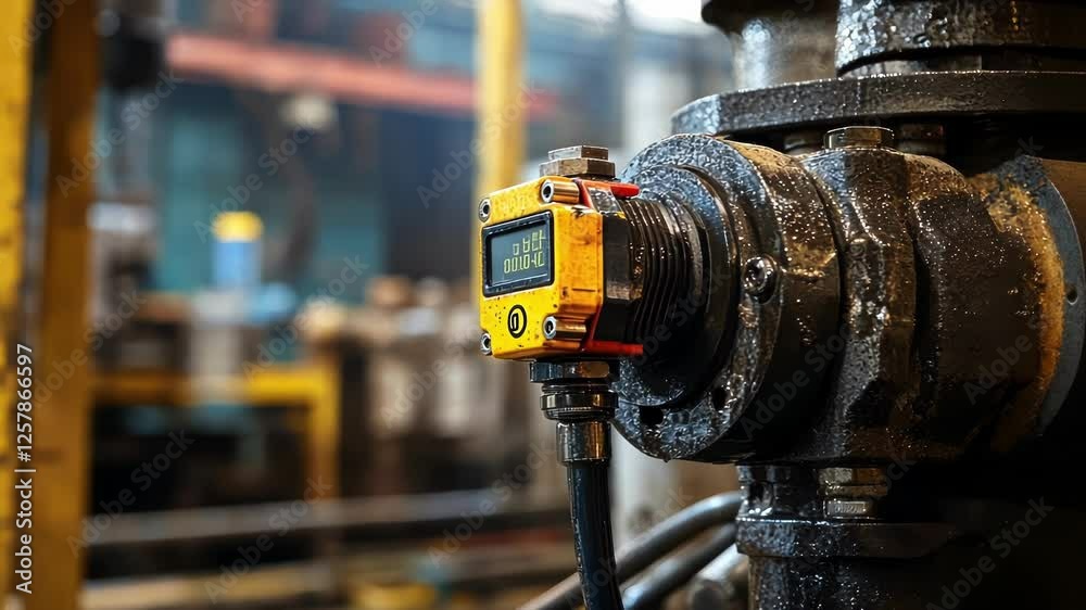 Poster close up of a yellow sensor attached to a large industrial pipe, actively monitoring and displaying 