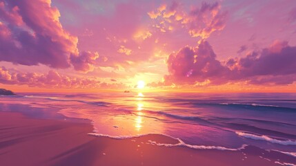Pink sunset over ocean beach; calm waves; peaceful sky; travel poster