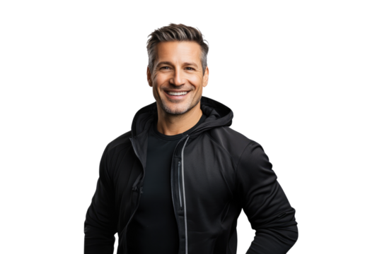 Handsome fitness coach wearing sportswear smiling warmly isolated on white or transparent, PNG