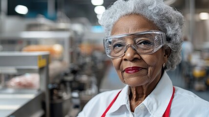 A confident elderly woman wearing safety glasses and an apron stands in a bustling kitchen, showcasing a blend of experience and professionalism.