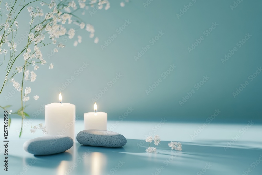 Fototapete relaxing spa setup with candles and smooth stones inviting tranquility and calm peace. generative ai