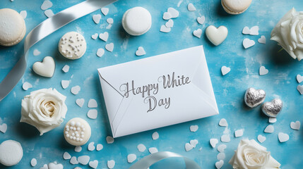 白バラとシルバーが輝くホワイトデーの手紙 | 青背景美