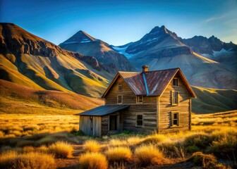 Obraz premium Minimalist Mountain House Photography: Rustic Cabin, Old House, Scenic Landscape, Isolated Home, Alpine Architecture, Mountain Retreat, Remote dwelling, Secluded Home