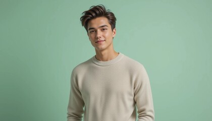 Fototapeta premium Young Man in a Casual Outfit Against a Pastel Green Background