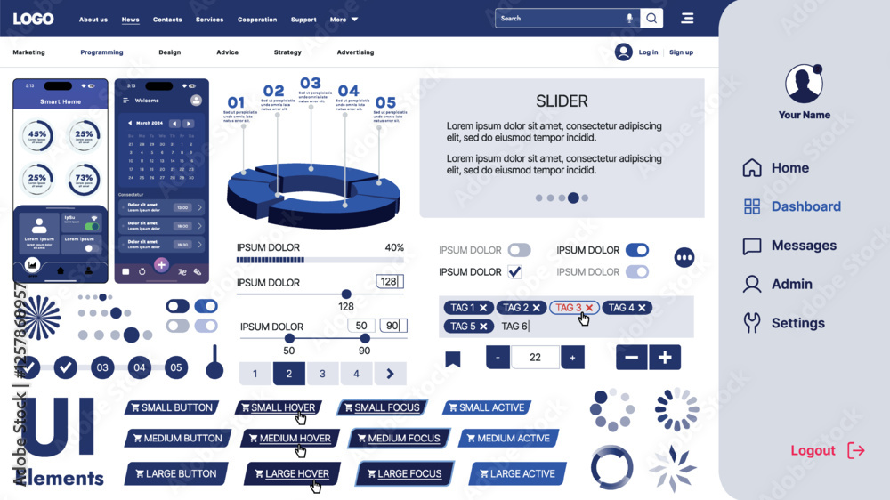 Poster a modern ui kit featuring a collection of buttons, icons, navigation menus, and responsive design el
