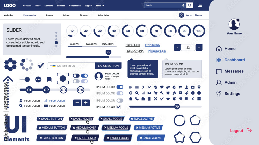 Wall mural a modern ui kit featuring a collection of buttons, icons, navigation menus, and responsive design el