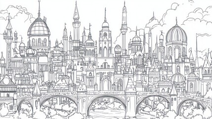Fairytale city skyline, bridge, river, clouds;  fantasy illustration