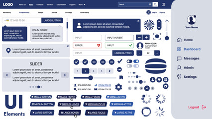 A modern UI kit featuring a collection of buttons, icons, navigation menus, and responsive design elements. Includes login forms, media players, search bars, and calendars, ideal for apps, websites