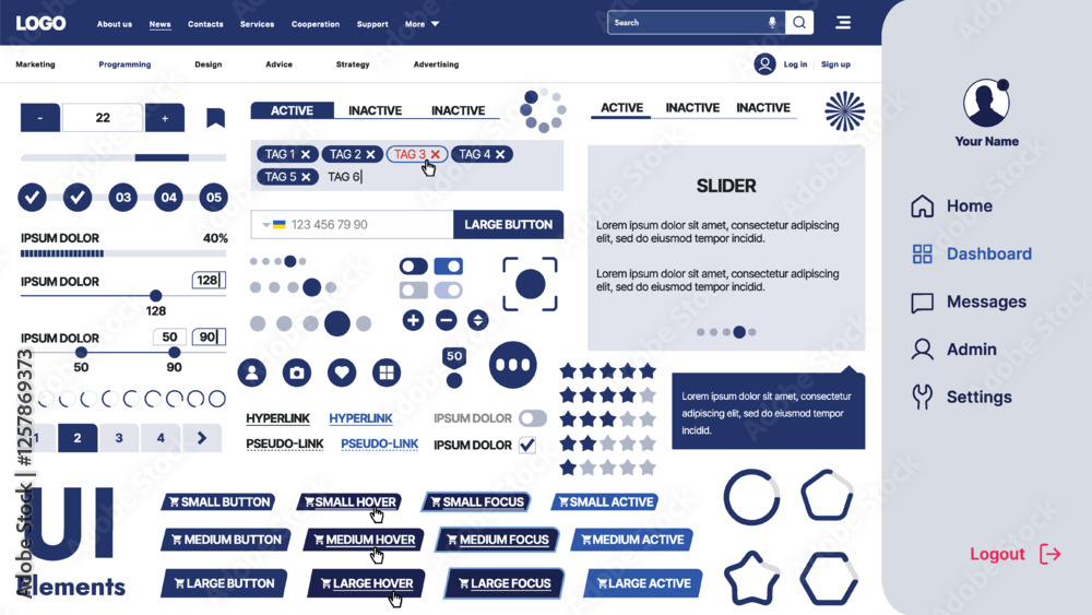 Poster a modern ui kit featuring a collection of buttons, icons, navigation menus, and responsive design el