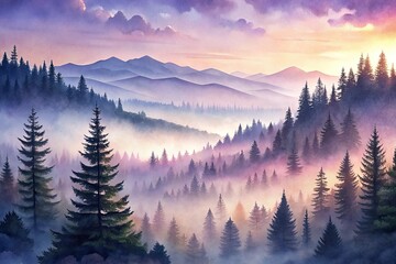 Obraz premium Misty dawn paints a peaceful pine forest landscape; tranquil mountains rise through the watercolor mist.