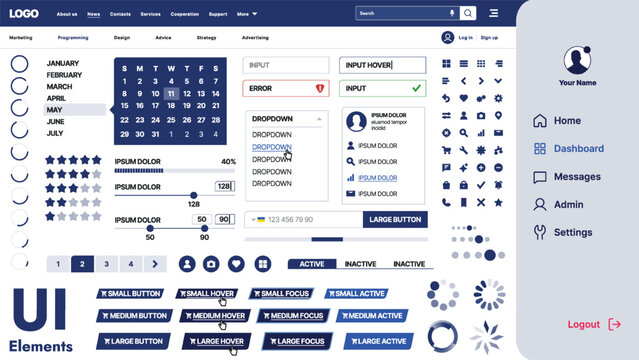 A modern UI kit featuring a collection of buttons, icons, navigation menus, and responsive design elements. Includes login forms, media players, search bars, and calendars, ideal for apps, websites
