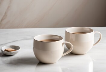 Fototapeta premium stunning minimalist composition featuring two steaming coffee mugs subtle hues harmonious symmetry ideal breakfast aesthetics, warmth, ceramic, design