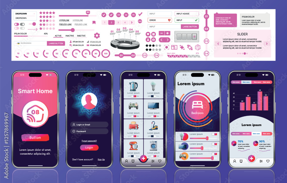 Poster a sleek smart home application interface template featuring modern icons and a gradient design. incl