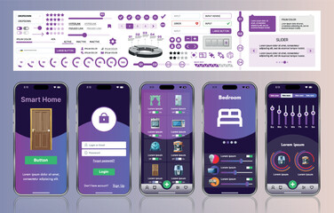 A sleek smart home application interface template featuring modern icons and a gradient design. Includes navigation menus for managing devices, monitoring security, controlling temperature