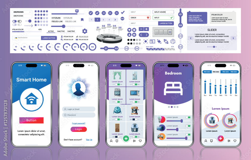 Poster a sleek smart home application interface template featuring modern icons and a gradient design. incl