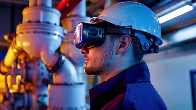 Industrial engineer wearing a vr headset and hardhat, exploring a virtual environment in a factory setting, utilizing cutting edge technology for enhanced visualization and control