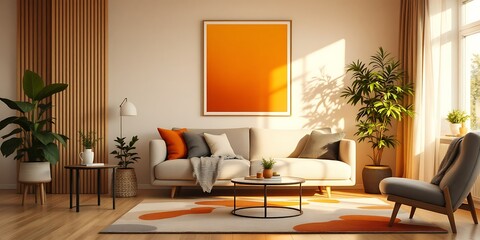 Sunny living room, beige sofa, orange decor, plants