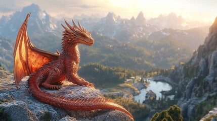 Dragon perched on mountain peak, overlooking valley at sunrise; fantasy illustration