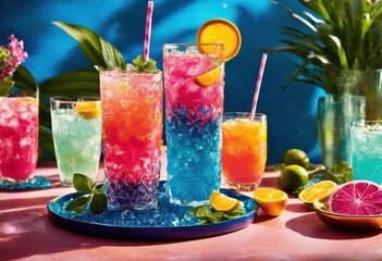 Fototapeta premium lively close view exquisite colorful iced drinks showcasing unique designs bubbles various textures tones, beverage, cocktail, refreshment, vibrant, fruity