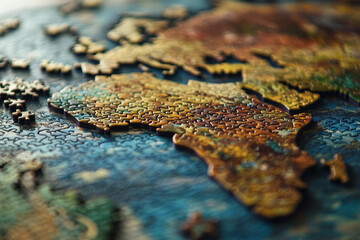       A close up of a puzzle piece with a world map in the background