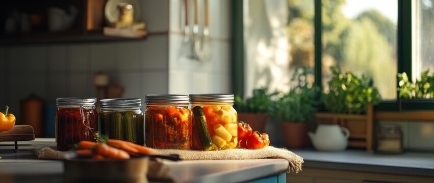 fermented vegetables in a jar, healthy food for intestinal and gastrointestinal microflora, probiotic, antioxidant