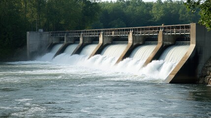 Water cascading over a concrete dam.