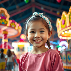 High resolution, photorealistic, 7-year-old girl, innocent smile, bright eyes, neat headband, amusement park background, colorful colors, lively atmosphere, natural pose, 8K resolution.