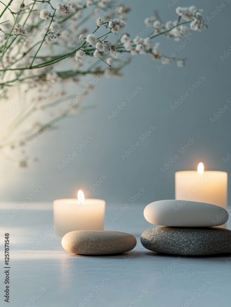 Poster relaxing spa environment with smooth stones and lit candles for ultimate tranquility and wellness ex