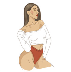 A girl in panties and a transparent jacket. Delicate colors, morning mood. Attractive young woman in bikini