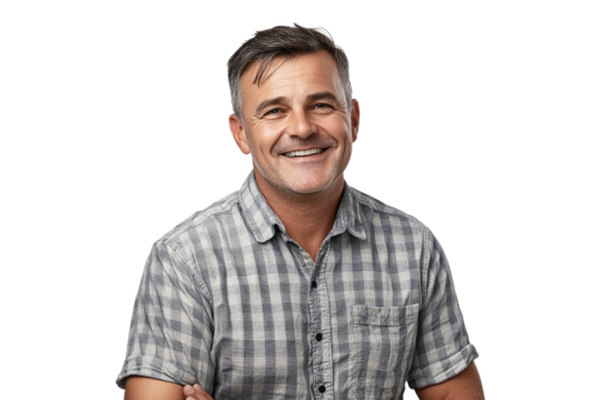 Smiling man in casual shirt isolated on white or transparent, PNG