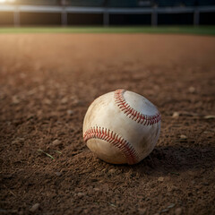 A close-up view of a white, slightly worn baseball with visible red stitching, resting on the dirt of a baseball field.